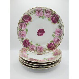 Antique 1920-1933 Stanowitz Striegau Rose Porcelain Salad Plates Set Of 5